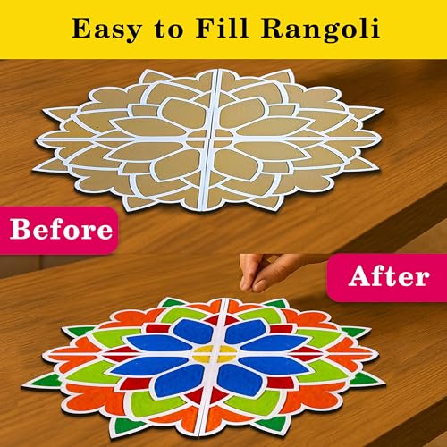 SOLOBOLO DIY Rangoli Mats for Pooja Decoration, 4 Pieces MDF 18 Inches Lotus Flower Rangoli Stencils for Door Entrance Big Size, 6 Rangoli Powder Colors for Home Decor - Image 4