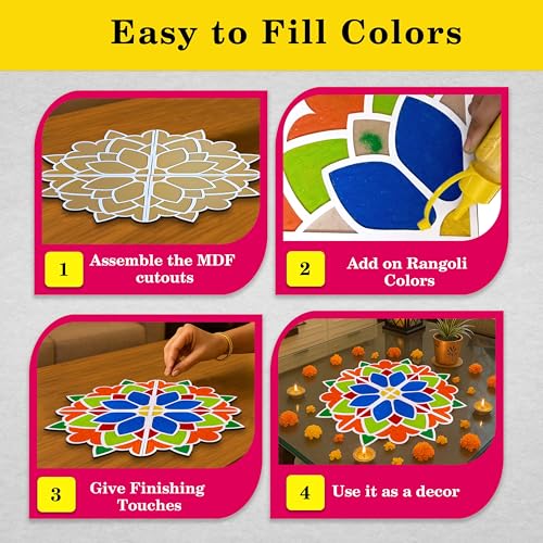SOLOBOLO DIY Rangoli Mats for Pooja Decoration, 4 Pieces MDF 18 Inches Lotus Flower Rangoli Stencils for Door Entrance Big Size, 6 Rangoli Powder Colors for Home Decor - Image 5