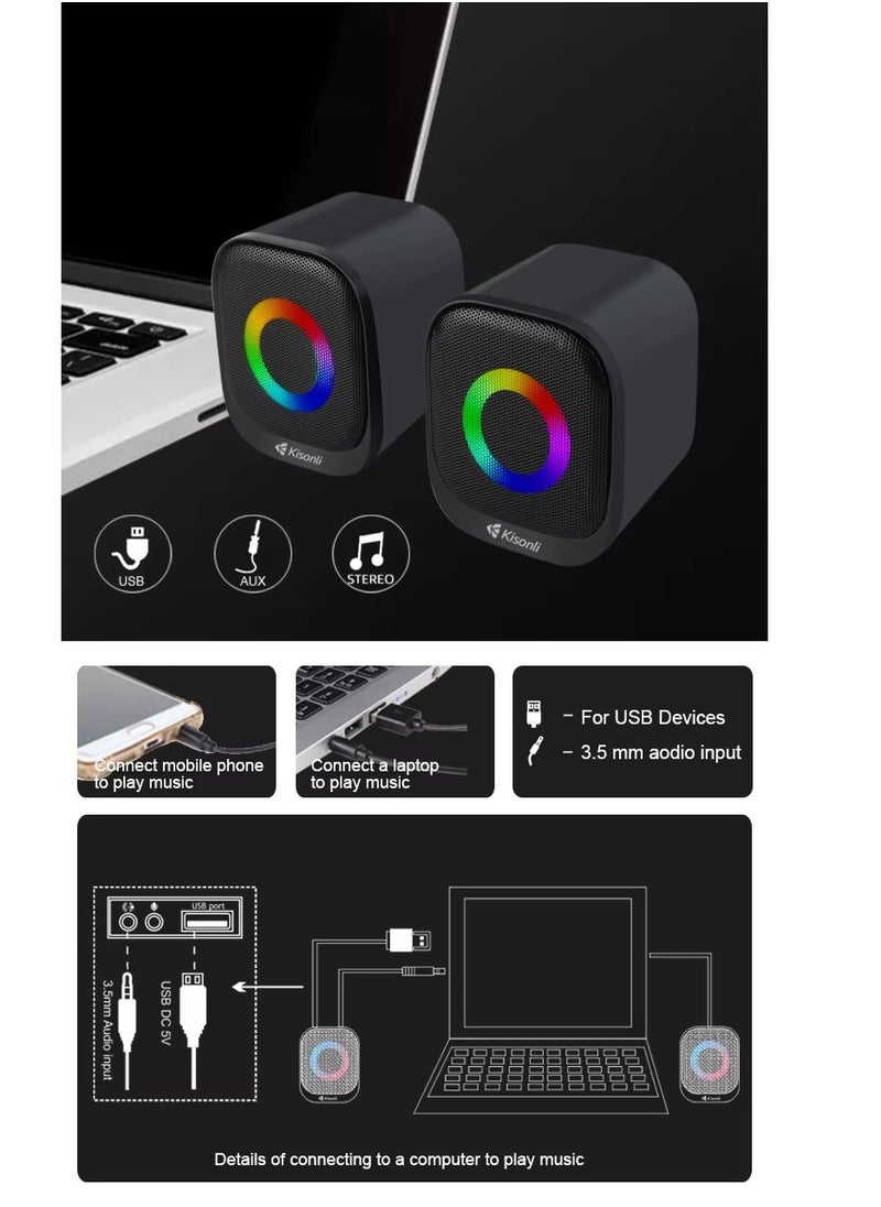 Kisonli - KISONLI X3 USB + AUX 3.5MM Speaker RGB Speaker for Computer, LAPTOP 3 WATT PER SPEAKER  WITH MODERN ERGONOMIC DESIGN PERFECT FOR YOUR COMPUTER  SETUP - Image 1
