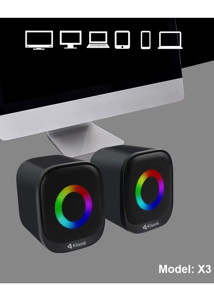 Kisonli - KISONLI X3 USB + AUX 3.5MM Speaker RGB Speaker for Computer, LAPTOP 3 WATT PER SPEAKER  WITH MODERN ERGONOMIC DESIGN PERFECT FOR YOUR COMPUTER  SETUP - Image 1