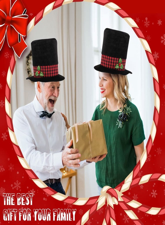 Handepo 4 Pcs Christmas Top Hat with Plaid Band Holly Berries Black Top Hat Vintage Look Snowflake Caroler Costume(Classic) - Image 5