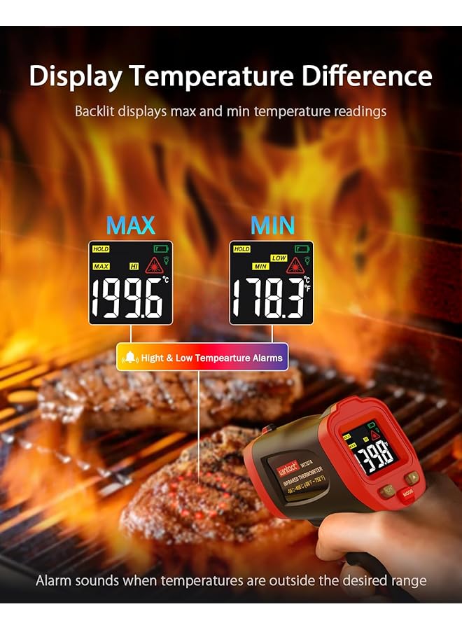 مسدس ترمومتر الأشعة تحت الحمراء -50 درجة مئوية إلى 400 درجة مئوية مسدس ليزر رقمي غير تلامسي لقياس درجة حرارة السطح والمحيط للمطبخ وطهي الطعام وسوائل الشواء وقلي اللحوم - Image 3