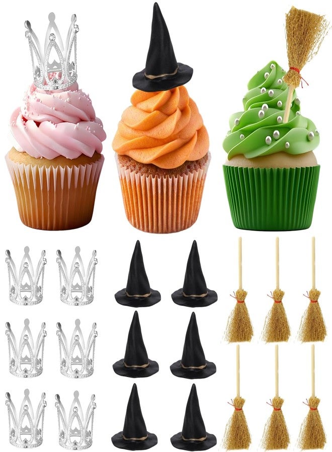 XLENGO 18 Pcs Witch Birthday Cupcake Toppers, Witch Hat Cake Topper Crown and Broom Cake Decorations for Witch Themed Birthday Party Supplies - Image 1