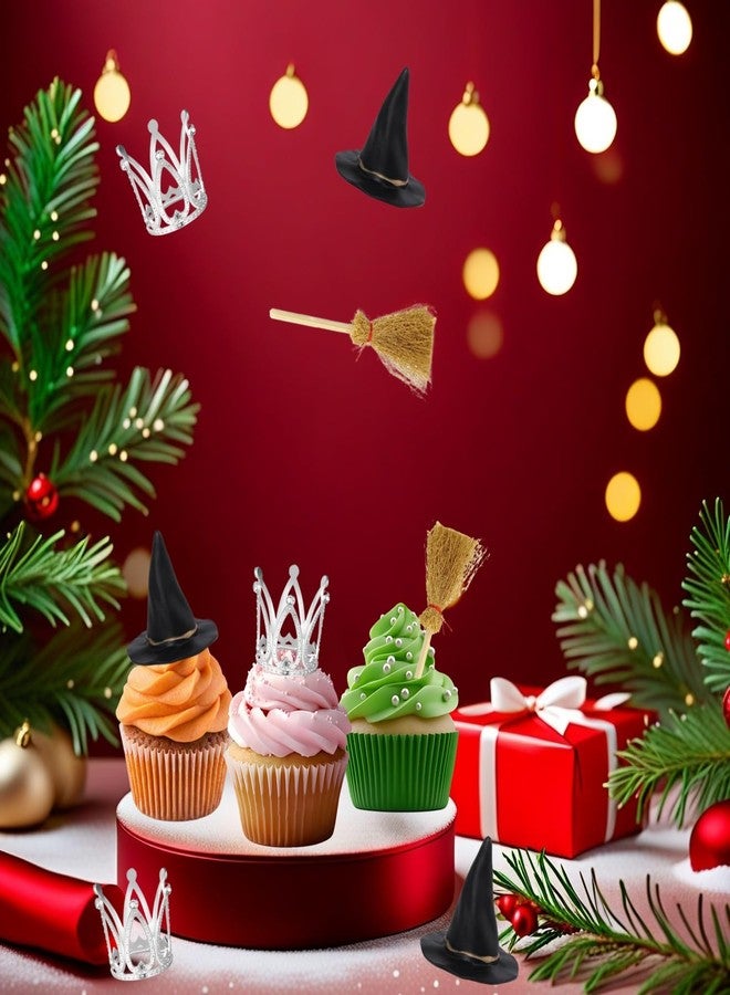 XLENGO 18 Pcs Witch Birthday Cupcake Toppers, Witch Hat Cake Topper Crown and Broom Cake Decorations for Witch Themed Birthday Party Supplies - Image 3