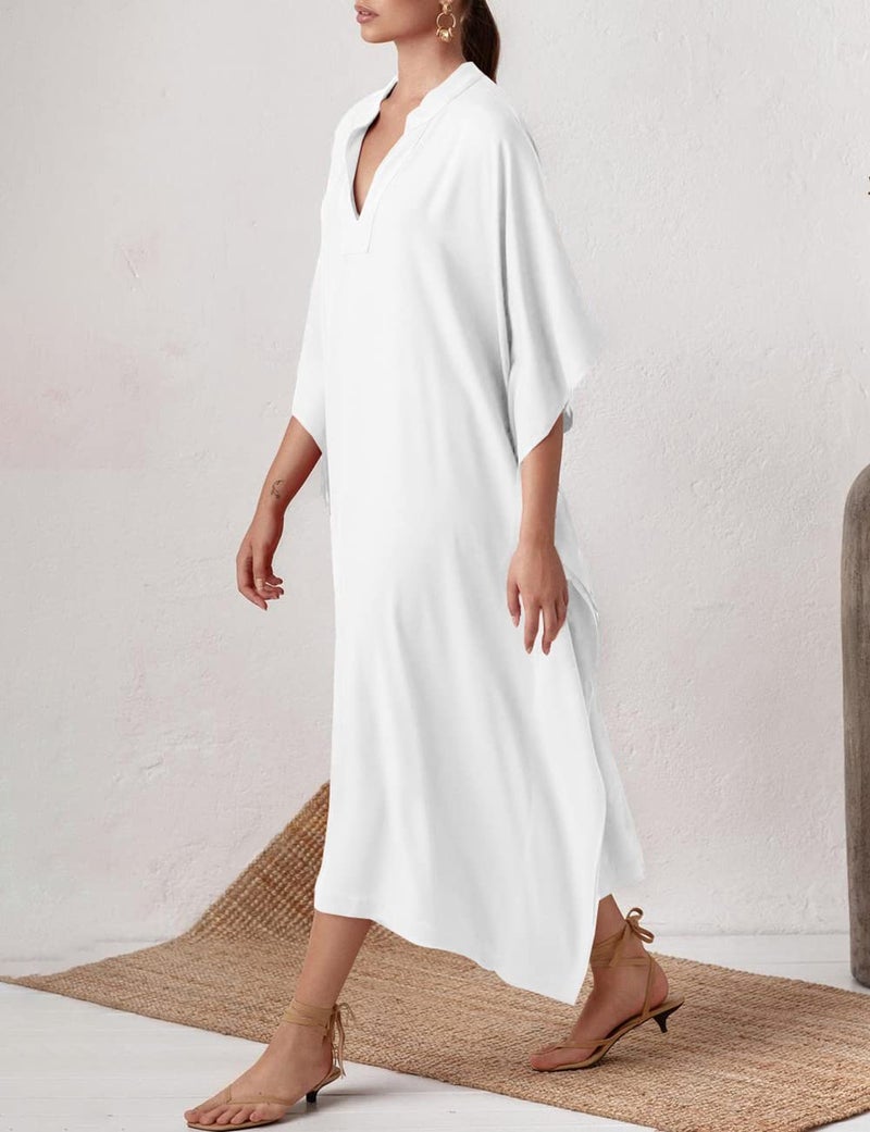 Bsubseach Women Kaftan Dresses Caftan Loungewear Maxi Dress Swimsuit Cover Up Beachwear White - Image 3