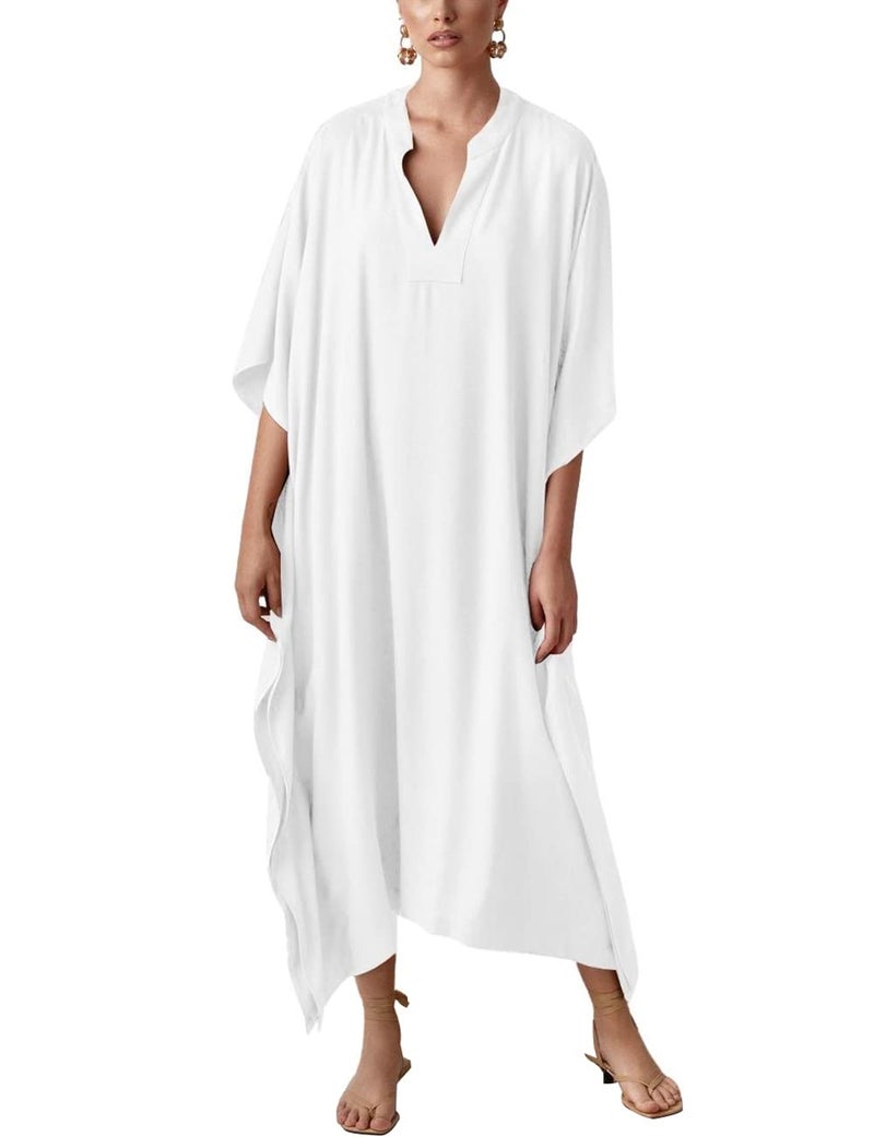 Bsubseach Women Kaftan Dresses Caftan Loungewear Maxi Dress Swimsuit Cover Up Beachwear White - Image 1