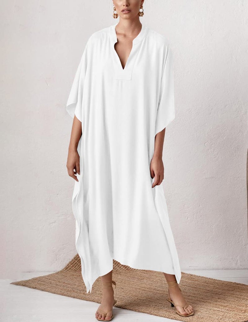 Bsubseach Women Kaftan Dresses Caftan Loungewear Maxi Dress Swimsuit Cover Up Beachwear White - Image 2