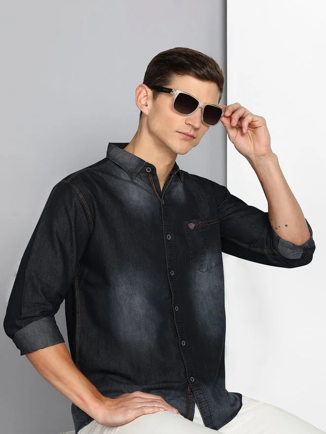 Kuons Avenue  KUONS AVENUE Men Black Faded Denim Shirt for Men | Best Price UAE