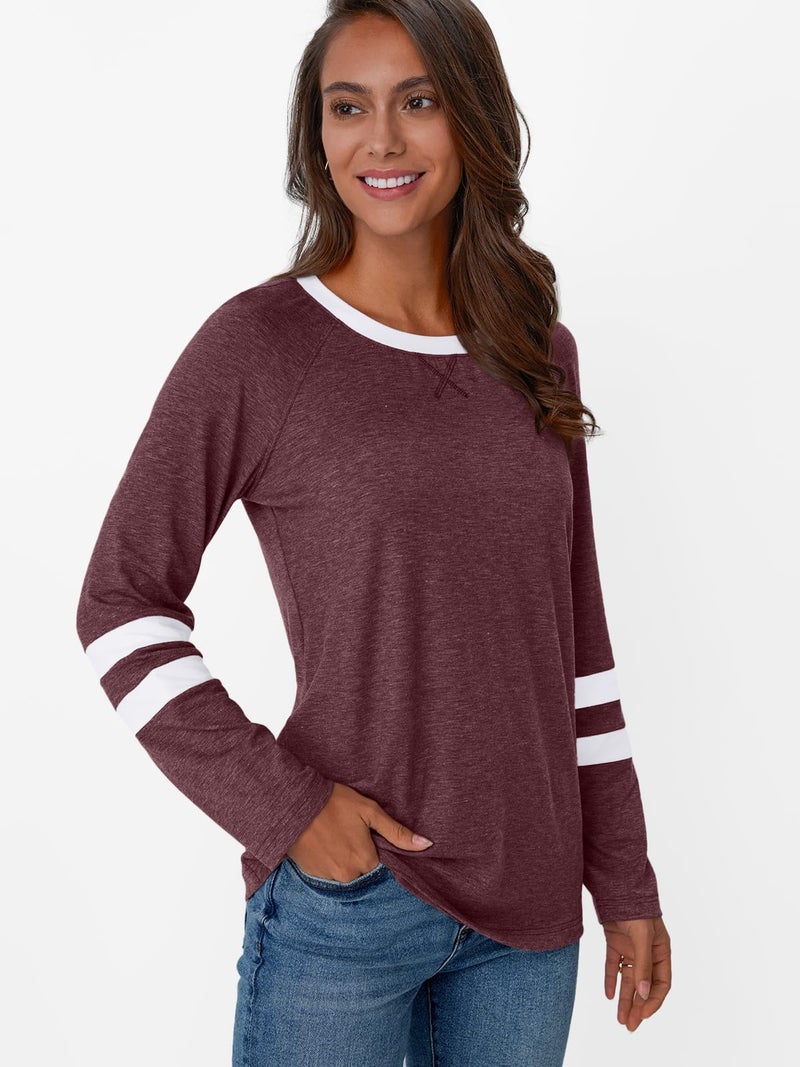 AUTOMET Womenâ€˜s Color Block Long Sleeve Shirts Crewneck, Plus Size Winter & Spring Top, Casual Fall Tee Daily Outfits WineRed S - Image 4