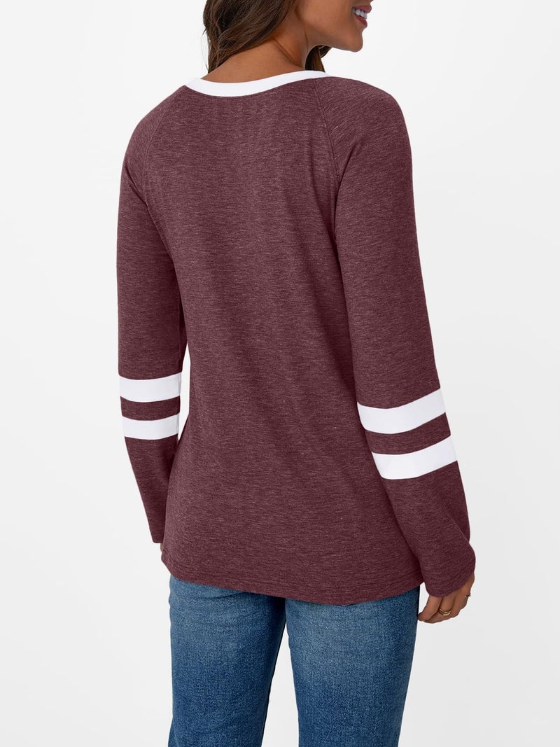 AUTOMET Womenâ€˜s Color Block Long Sleeve Shirts Crewneck, Plus Size Winter & Spring Top, Casual Fall Tee Daily Outfits WineRed S - Image 3