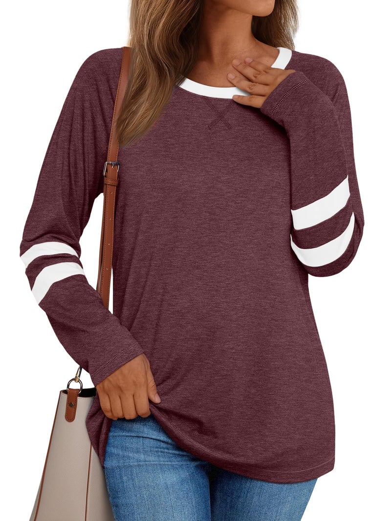 AUTOMET Womenâ€˜s Color Block Long Sleeve Shirts Crewneck, Plus Size Winter & Spring Top, Casual Fall Tee Daily Outfits WineRed S - Image 1