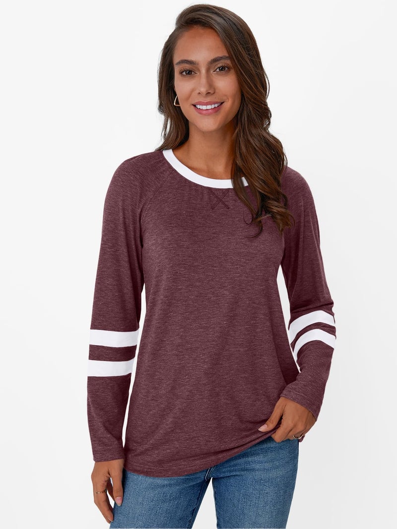 AUTOMET Womenâ€˜s Color Block Long Sleeve Shirts Crewneck, Plus Size Winter & Spring Top, Casual Fall Tee Daily Outfits WineRed S - Image 2