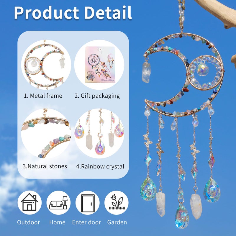 Dreamsum Handmade Sun Catcher Rainbow Maker with Moon Shape Natural Color Stones and Various Crystal Shapes Unique Crystal Decoration for Home or as a Gift Stunning Light Refraction and Colorful Display - Image 2