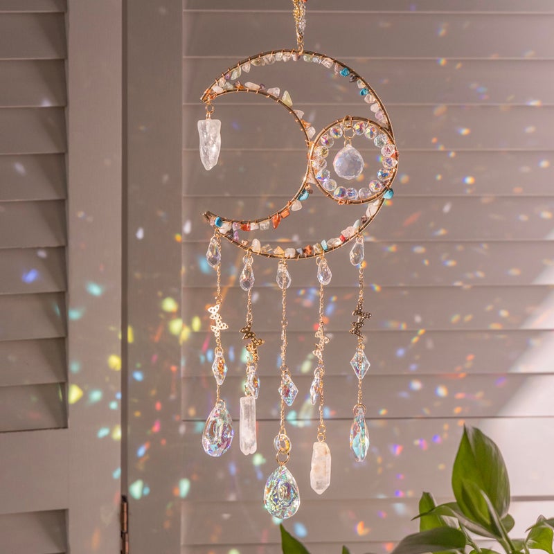 Dreamsum Handmade Sun Catcher Rainbow Maker with Moon Shape Natural Color Stones and Various Crystal Shapes Unique Crystal Decoration for Home or as a Gift Stunning Light Refraction and Colorful Display - Image 1