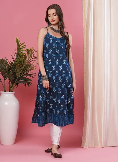 globus Globus Women Floral Jaipuri Print Strappy A-Line Kurta