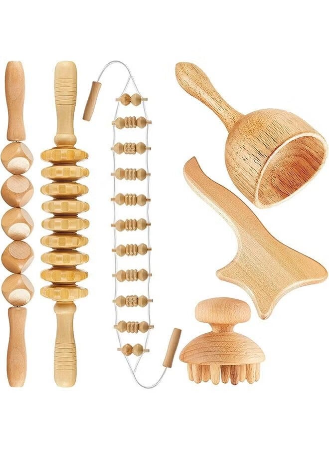 DPTER 6-in-1 Wood Therapy Massage Tools Kit- Maderoterapia Massager Roller, Gua Sha, Manual Wooden Fascia Massage for Cellulite Release, Muscle Blasting, Pain Relief, Body Sculpting - Image 1