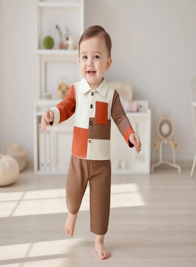 Socutebabe Toddler Baby Boy Fall Winter Clothes Color Block Cotton Linen Henley Button Down Long Sleeve Shirts Pants Set (Khaki, 3-4T) - Image 2