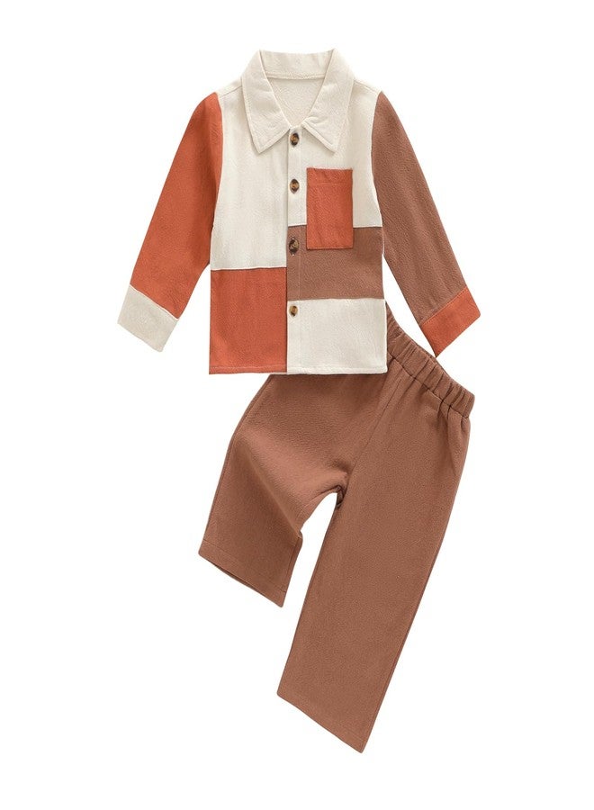 Socutebabe Toddler Baby Boy Fall Winter Clothes Color Block Cotton Linen Henley Button Down Long Sleeve Shirts Pants Set (Khaki, 3-4T) - Image 1