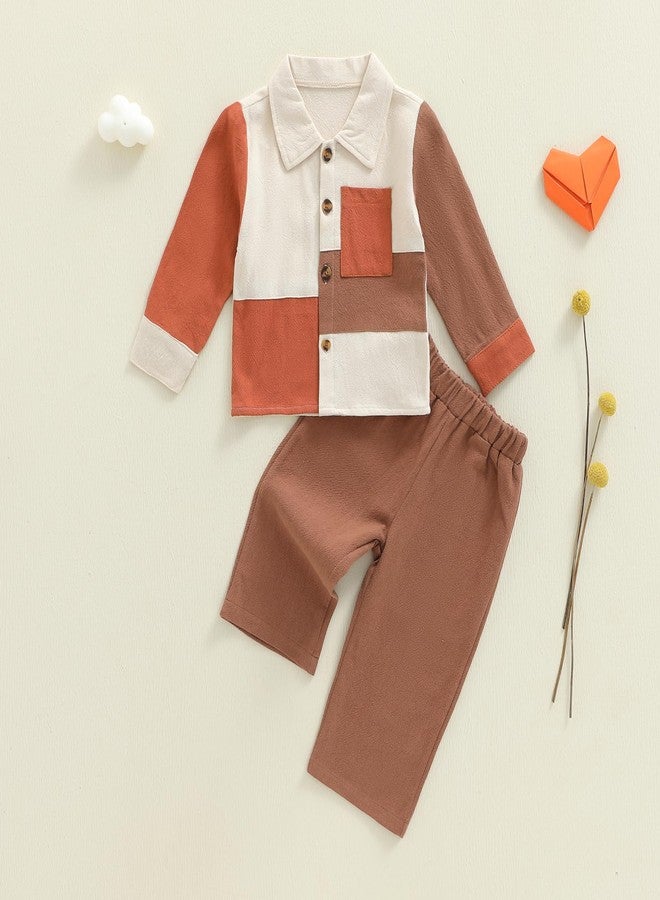Socutebabe Toddler Baby Boy Fall Winter Clothes Color Block Cotton Linen Henley Button Down Long Sleeve Shirts Pants Set (Khaki, 3-4T) - Image 3
