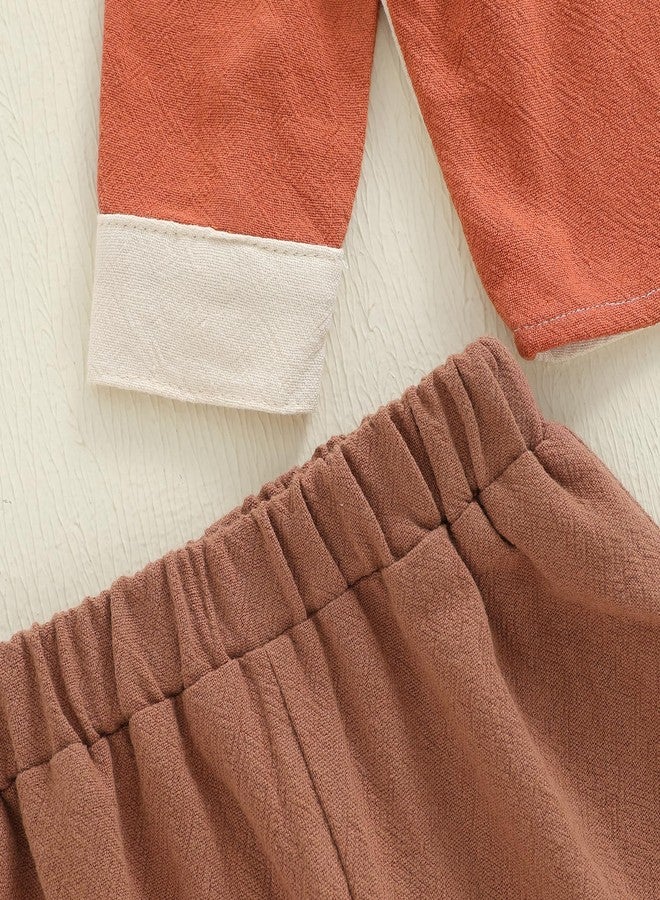 Socutebabe Toddler Baby Boy Fall Winter Clothes Color Block Cotton Linen Henley Button Down Long Sleeve Shirts Pants Set (Khaki, 3-4T) - Image 5