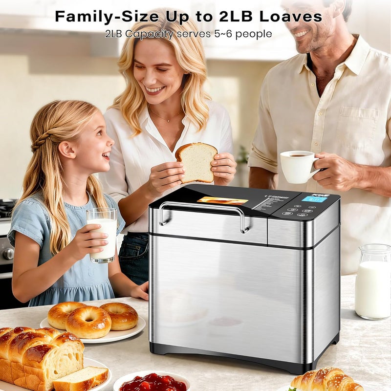 KBS Pro Stainless Steel Bread Machine, 2LB 17-in-1 Programmable XL Bread Maker with Fruit Nut Dispenser, Nonstick Ceramic Pan& Digital Touch Panel, 3 Loaf Sizes 3 Crust Colors, Reserve& Keep Warm Set - Image 5