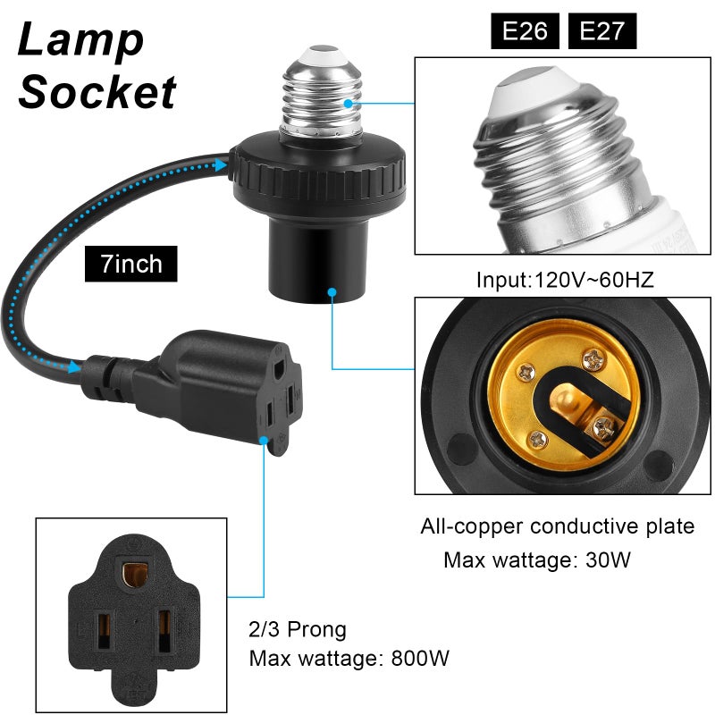 UYODM 3 in 1 Light Socket Outlet Adapter, Support 3 Prong Light Bulb Socket, E26/E27 Light Socket to Plug Adapter with Extension Cord for Garage, Porch, Patio, CCTV Camera(Black) - Image 3