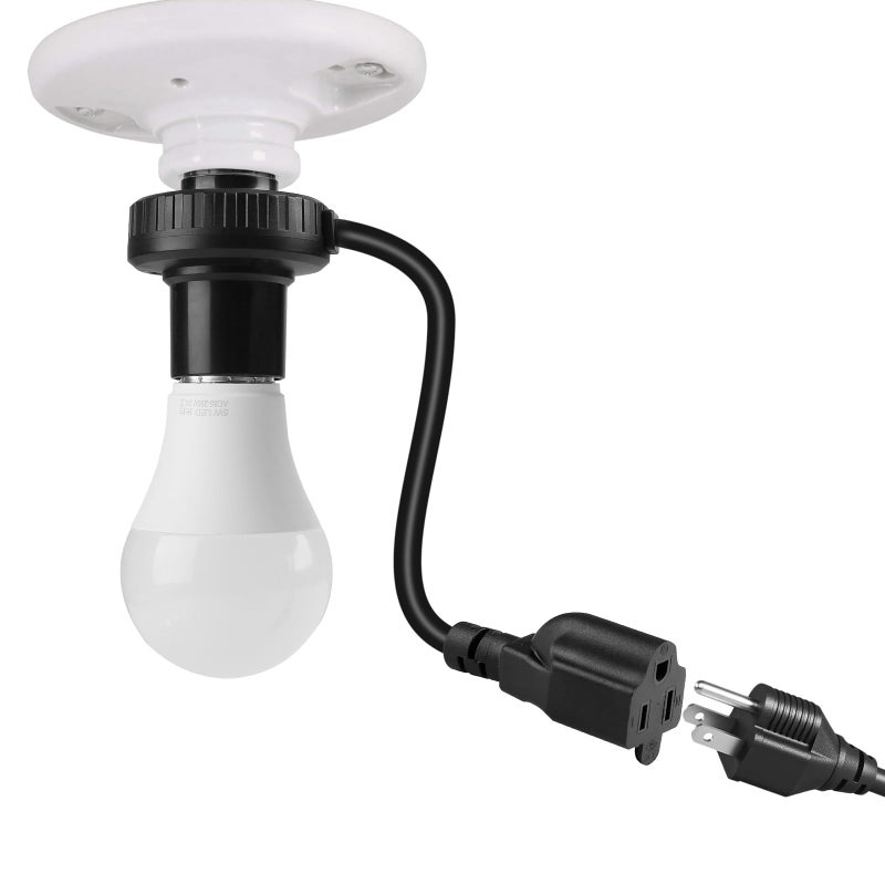 UYODM 3 in 1 Light Socket Outlet Adapter, Support 3 Prong Light Bulb Socket, E26/E27 Light Socket to Plug Adapter with Extension Cord for Garage, Porch, Patio, CCTV Camera(Black) - Image 4