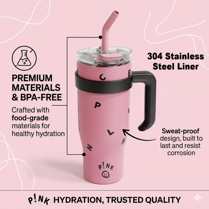 AoMige 40oz Printed Stainless Steel Tumbler with Handle & Straw Lid, Double Wall Vacuum Insulated Travel Mug, Cupholder Friendly Reusable Water Cup for Hot Cold Drinks, Gift for Men Women（Pink） - Image 4