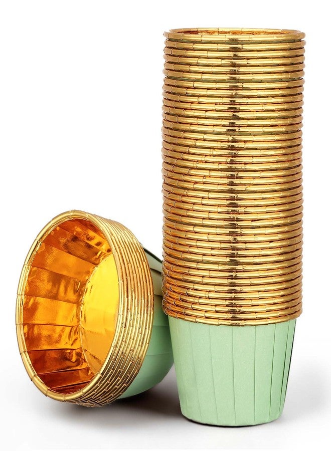 EUSOAR Cupcake Cups, 50pcs 3.5oz Muffin Cupcake Liners Disposable Ramekins, Aluminum Foil Wrappers Paper Dessert Containers Mini Cheesecakes Holders for Birthday Wedding Party-Light Green/Gold - Image 1