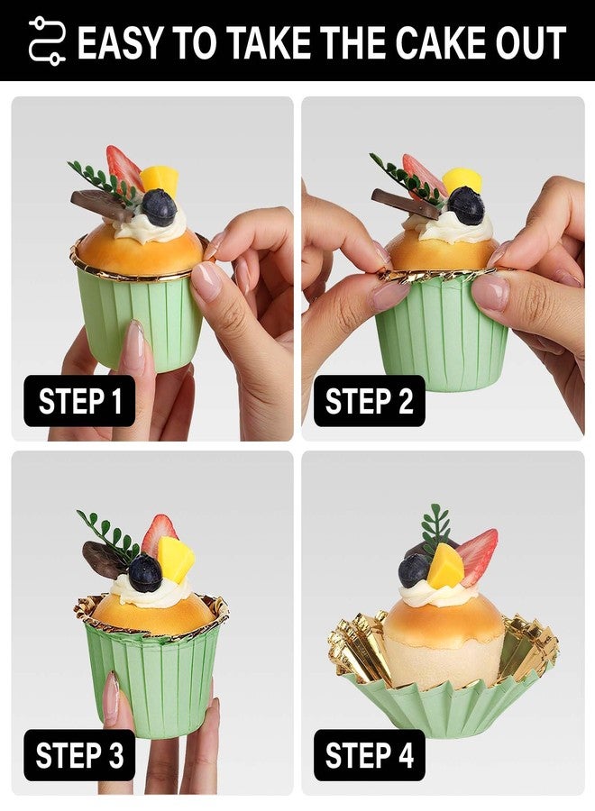 EUSOAR Cupcake Cups, 50pcs 3.5oz Muffin Cupcake Liners Disposable Ramekins, Aluminum Foil Wrappers Paper Dessert Containers Mini Cheesecakes Holders for Birthday Wedding Party-Light Green/Gold - Image 4