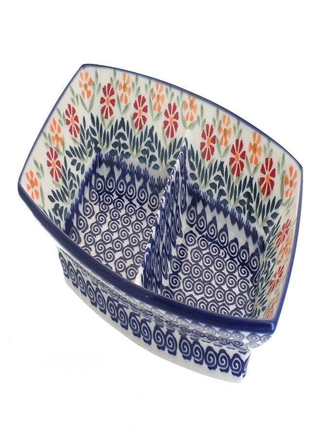 Blue Rose Pottery Blue Rose Polish Pottery - Orange Garden Bouquet Divided Dish - 11" Long - Unique Dish for Appetizers, Nuts, or Candy - Image 1