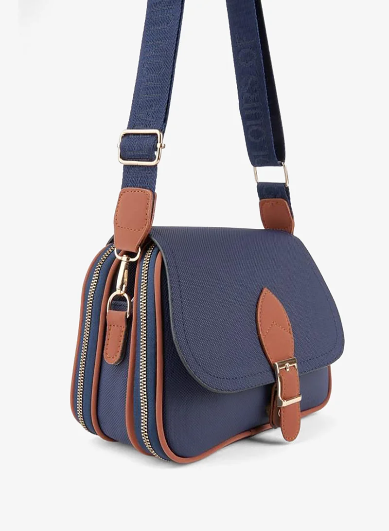Women's Clover Navy Blue 4-Pocket Zipper and Snap-Closure Hand and Shoulder Bag.