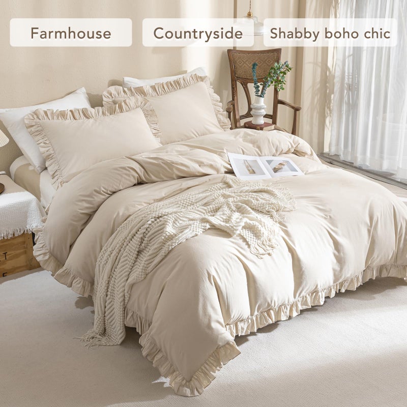 QSH Washed Cotton Duvet Cover King Ruffle Duvet Cover Linen Feel Textured Farmhouse Shabby Vintage Chic Bedding Comforter Cover 3 Pieces Aesthetic Elegant King Bedding - Image 4