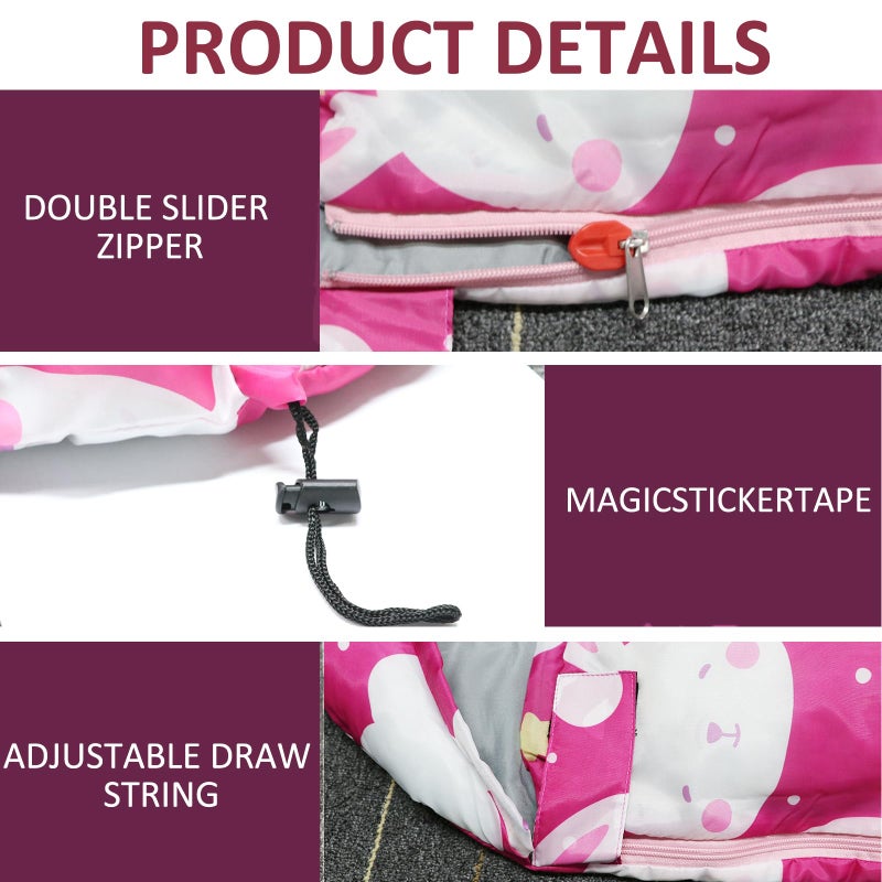 tuphen Kids Sleeping Bags - Camping Sleeping Bags with Carry Bag - Compact Sleeping Bag for Hiking, Backpacking 3 Season Warm & Cool Weather, Lightweight Waterproof Outdoor Travel for Boys Girls (Pink) - Image 3