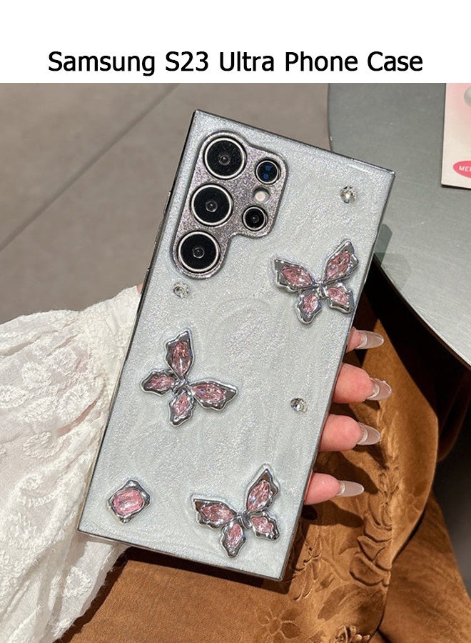 Wffo Compatible with Samsung Galaxy S23 Ultra Phone Case - 3D Pink Butterfly Sparkling Phone Case - Rhinestone Shiny Phone Case - TPU Shockproof Protective Phone Cover - Image 1