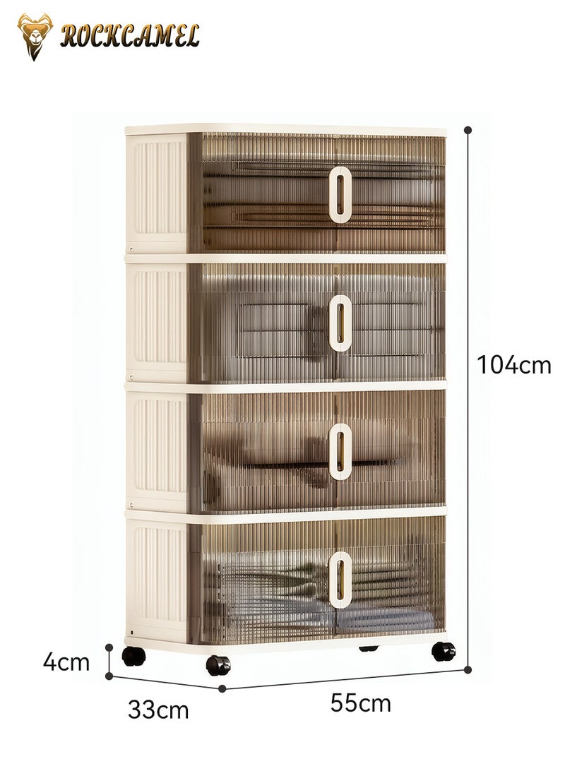 ROCKCAMEL Multifunctional Folding Storage Cabinet, 4 Tier Stackable Plastic Storage Bins with Universal Wheels and Dual Opening Clear Doors, Toy Storage Box, Snacks Locker, Bookcase for Home Office (55*33*104cm) - Image 4