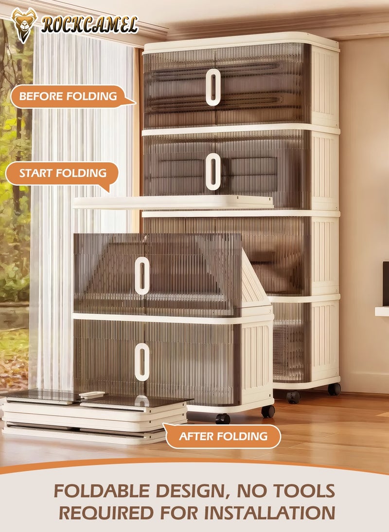ROCKCAMEL Multifunctional Folding Storage Cabinet, 4 Tier Stackable Plastic Storage Bins with Universal Wheels and Dual Opening Clear Doors, Toy Storage Box, Snacks Locker, Bookcase for Home Office (55*33*104cm) - Image 2
