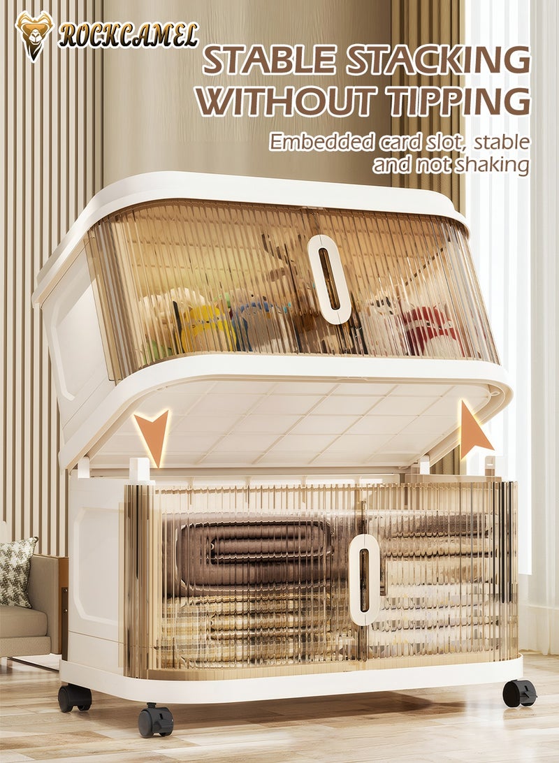 ROCKCAMEL Multifunctional Folding Storage Cabinet, 4 Tier Stackable Plastic Storage Bins with Universal Wheels and Dual Opening Clear Doors, Toy Storage Box, Snacks Locker, Bookcase for Home Office (55*33*104cm) - Image 3