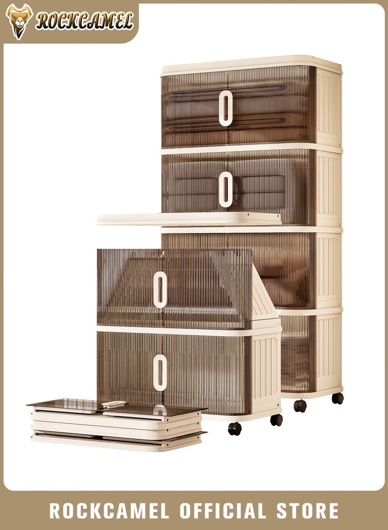 ROCKCAMEL Multifunctional Folding Storage Cabinet, 4 Tier Stackable Plastic Storage Bins with Universal Wheels and Dual Opening Clear Doors, Toy Storage Box, Snacks Locker, Bookcase for Home Office (55*33*104cm) - Image 1