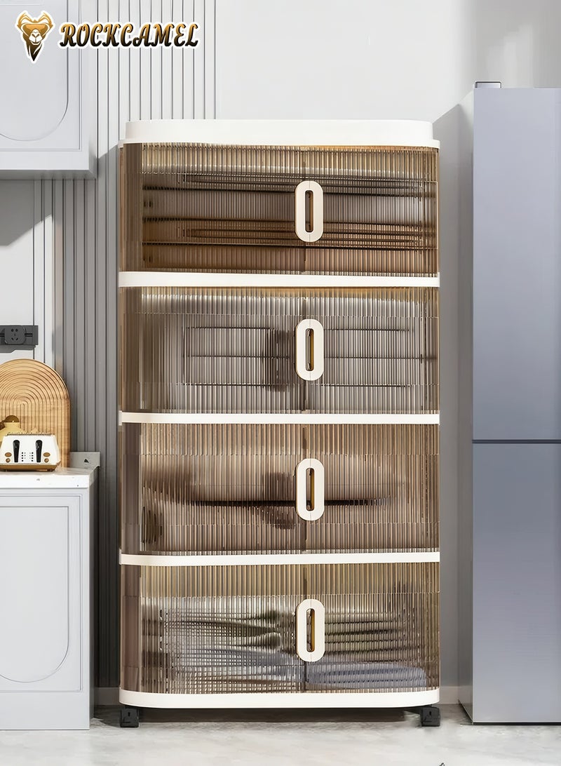 ROCKCAMEL Multifunctional Folding Storage Cabinet, 4 Tier Stackable Plastic Storage Bins with Universal Wheels and Dual Opening Clear Doors, Toy Storage Box, Snacks Locker, Bookcase for Home Office (55*33*104cm) - Image 5