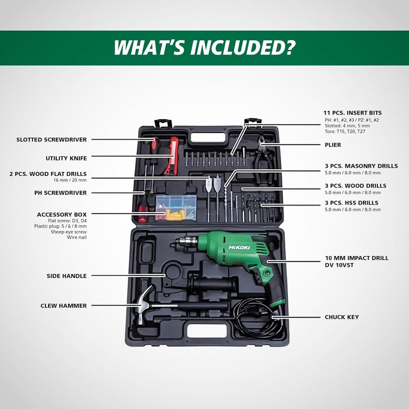 Hikoki Tool Kit(Dv10Vst(Kit) Saz9), 10Mm Corded Impact Drill, 550W, 1.7 Kg, 0-3000 Rpm, 0-48000Bpm, 10Mm Drill Chuck, Robust Design, With 28 Pieces Accessories Included - Black - Image 4