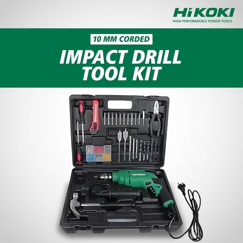 Hikoki Tool Kit(Dv10Vst(Kit) Saz9), 10Mm Corded Impact Drill, 550W, 1.7 Kg, 0-3000 Rpm, 0-48000Bpm, 10Mm Drill Chuck, Robust Design, With 28 Pieces Accessories Included - Black - Image 1