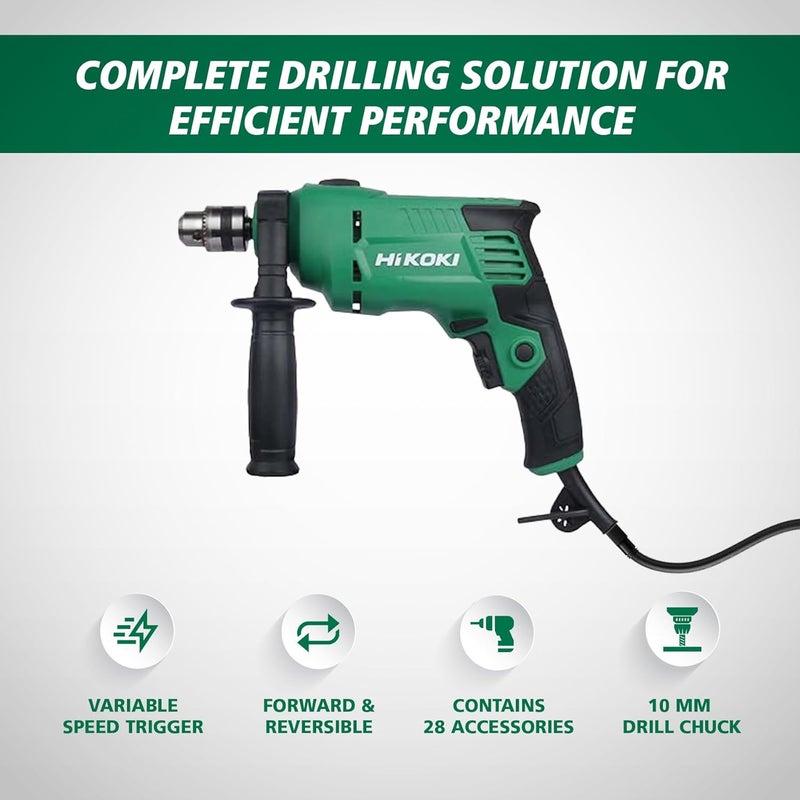 Hikoki Tool Kit(Dv10Vst(Kit) Saz9), 10Mm Corded Impact Drill, 550W, 1.7 Kg, 0-3000 Rpm, 0-48000Bpm, 10Mm Drill Chuck, Robust Design, With 28 Pieces Accessories Included - Black - Image 2