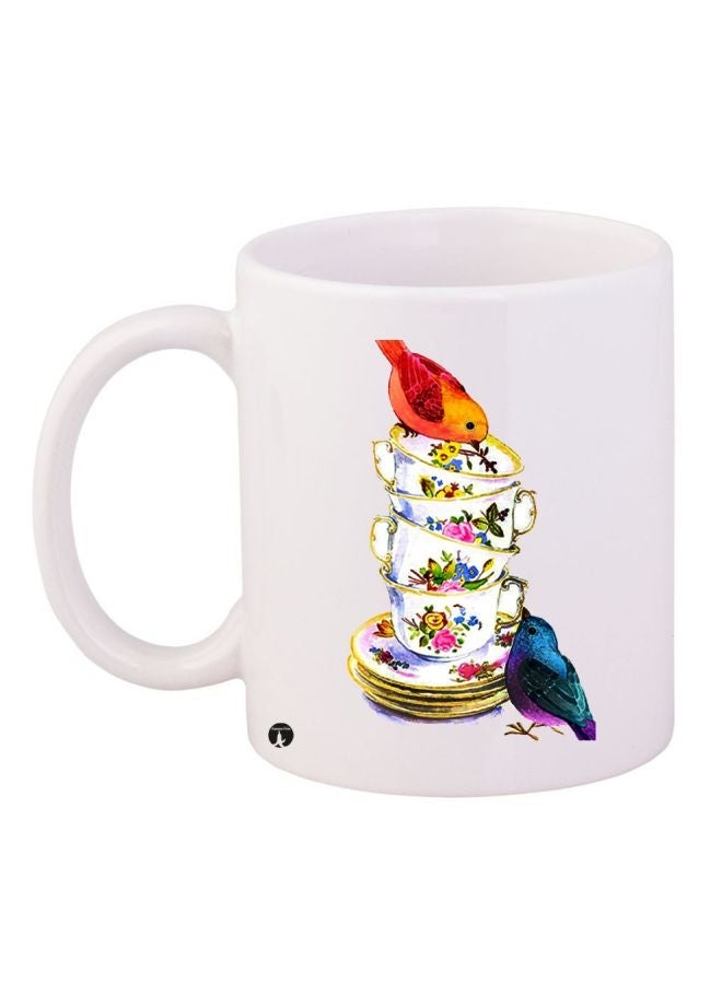 RYN Birds Printed Coffee Mug White/Red/Blue 11ounce