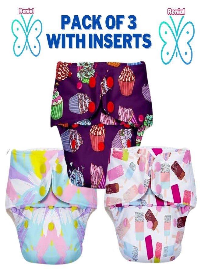 RENIAL Soft Organic Reusable Cloth Diapers for Kids | Extra Absorbant Leakage Proof Reusable Cloth Diaper with Quick Dry Ultra Thin pads | Freesize for 3 Months to 3 Years Multicolor Print (Pack of 3) - Image 2