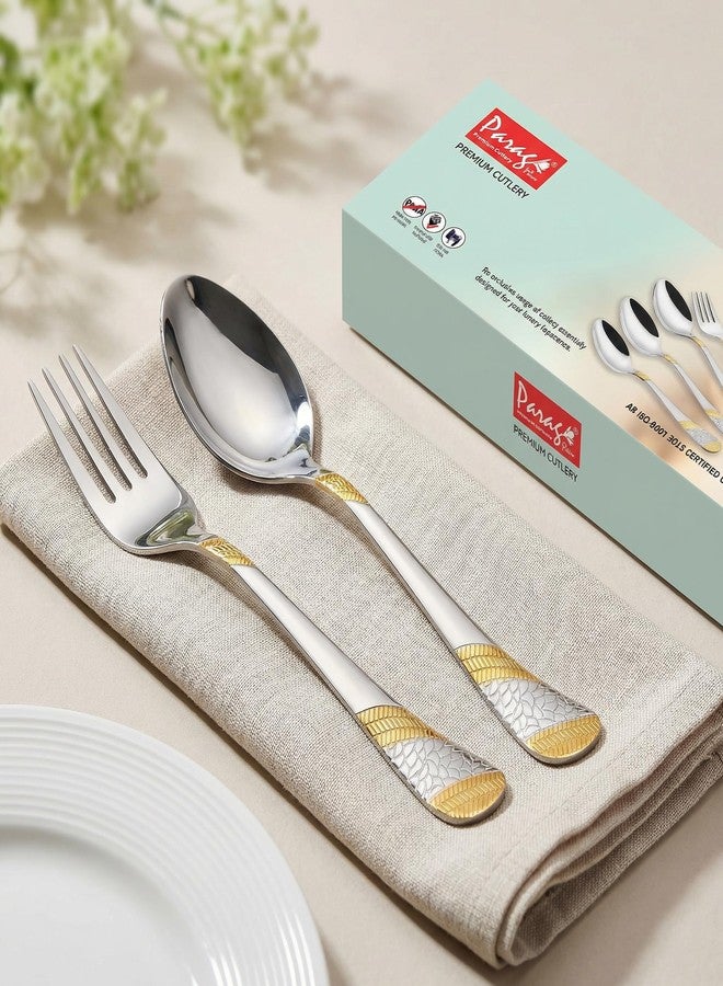 Parage 12 Pieces Stainless Steel 24k Golden Spoon & Fork Set, 16cm Each, Premium Cutlery Set for Home & Kitchen, 24 Karat Gold Plated Flatware, Dining (6 Dinner Spoons & 6 Dinner Forks) - Image 1