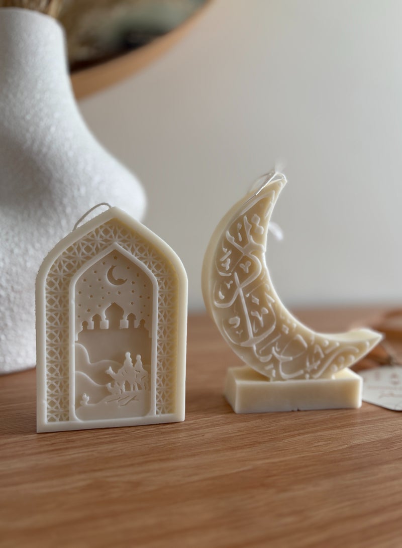 Al Waha شمعة رمضان عضوية ، مجموعة هدايا رمضان ، شمعة هلال و شمعة مسجد ، مجموعة هدايا جمالية (مجموعة من 2) - Image 1