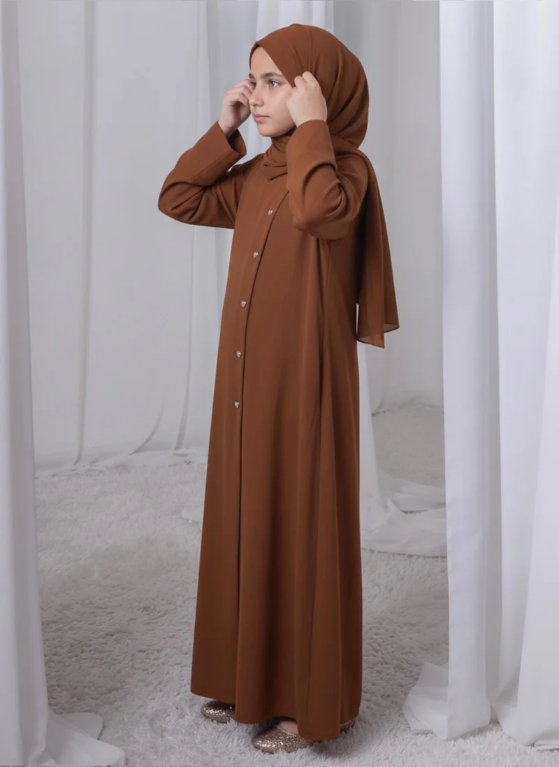 أم سكوير فاشن Brown Kids Abaya with Matching Hijab for Girls Korean Nida Fabric Modest Islamic Dress 8 Colors Available