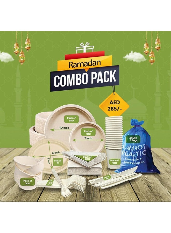 ECOWAY ecoway Disposable Dinner Set Specially For Ramadan Biodegradable Ecofreindly Sugar Cane Plate, Paper Bowls, Cups, Cutlery Set, Garbage Bag and Tissue For 100 Pepole - Image 5