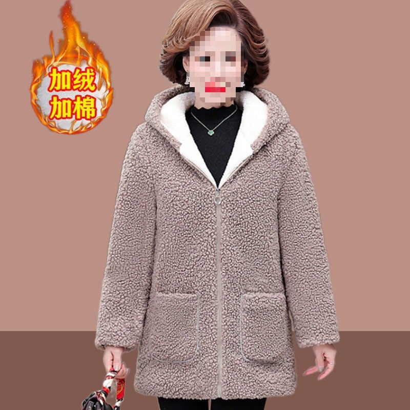 New Middle-aged and Elderly Lamb Fleece Coat Womens Clothing Autumn and Winter Mothers Long Particulate Fleece-lined Thickened Cotton-padded Coat Khaki [plus cotton plus velvet]] 